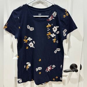 GAP Navy Tee with White Logo and Yellow Floral Accent